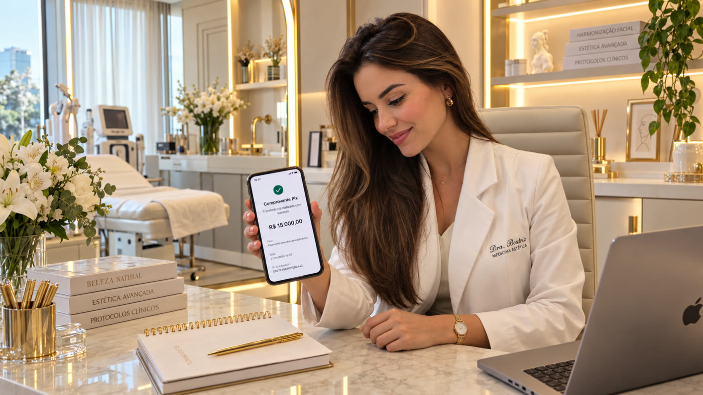 Médica de jaleco branco no consultório, mostrando no celular um comprovante de Pix de R$ 15.000.