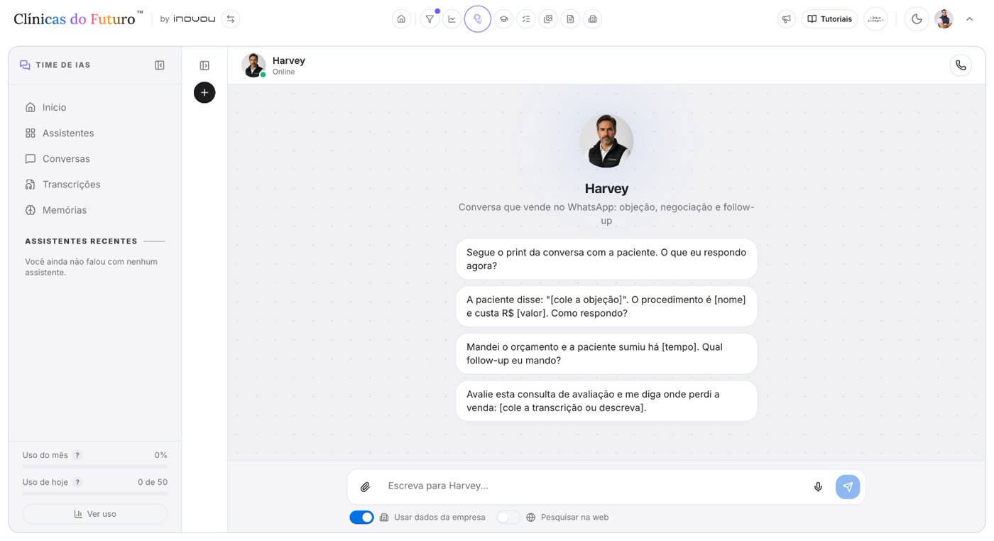 Tela do assistente Harvey no Time de IAs, com as quatro perguntas prontas.