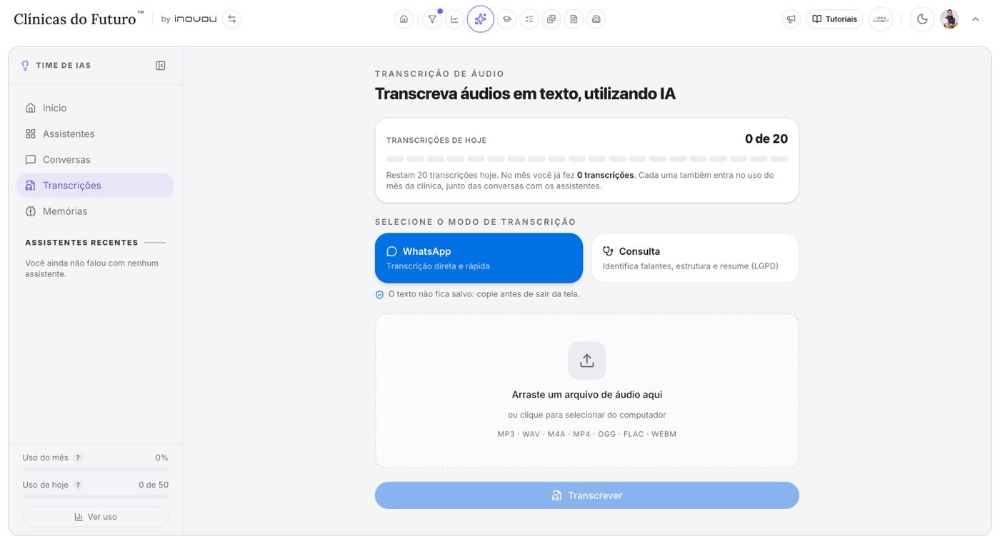 Tela de transcrição de áudio do Time de IAs, com os modos WhatsApp e Consulta.